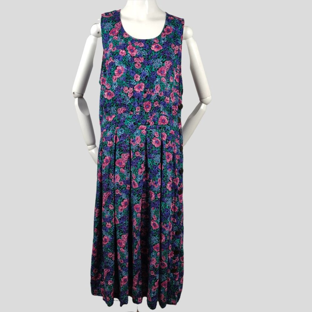Vintage 1990s Grunge Dress Jumper Black Floral Purple Pink Roses Cottage Core L